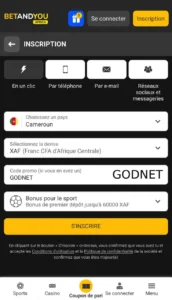 Capture d'écran de la page d'inscription de l'application BetAndYou Africa 